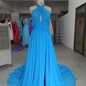 Elegant Blue Halter Neck Gown